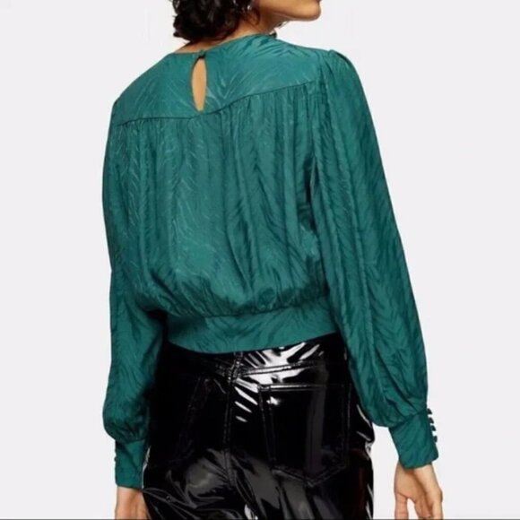 Topshop Emerald Green Jacquard Animal Print Long Sleeve Blouse 8 - Picture 2 of 7